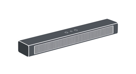 Sleek black rectangular soundbar speaker with a front grille and top control buttons.