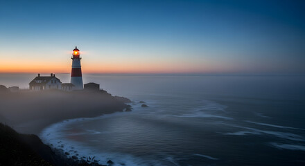 Fototapeta premium Coastal Beacon: A Lighthouse Illuminating Foggy Seascape at Twilight with Towering Structure, Guiding Light, and Dramatic Sky, a Symbol of Safety and Navigation