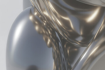 Abstract flowing metallic liquid surface with reflective highlights and soft blue background