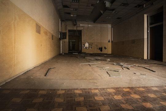  Russian Federation. A beautiful hall in a huge abandoned palace. The interiors of an abandoned 18th-century palace. Beautiful architecture.  - Powered by Adobe