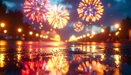 Fototapeta premium Celebration: A Captivating Fireworks Display Lights Up the Night Sky, Reflecting on Wet Street.