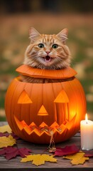 Cat sitting inside carved pumpkin smiling.