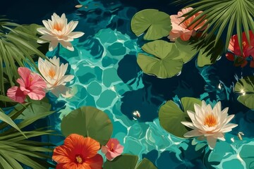 Tropical Oasis: Vibrant Flowers and Lilies Floating on Shimmering Blue Water Surface