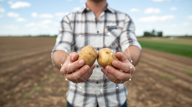 Farmer Showcasing Potatoes with Technology Overlay in Field Agricultural Innovation and Sustainable Farming Practices