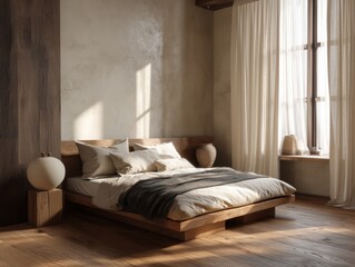 A bed with a white comforter and a black blanket