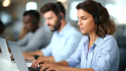 A multiethnic call center team uses AI chatbots on laptops to reply to customer queries on generic automation interfaces headsets on office bustling AI multilingual support - Powered by Adobe