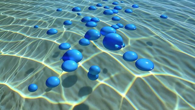 Dynamic blue water droplets floating gracefully, creating a vibrant, abstract underwater scene with captivating light reflections. ai generative video
