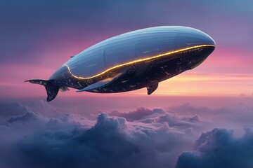 Obraz premium Futuristic Sky Whale Airship Soars Above Clouds at Dusk with Luminous LED Highlights