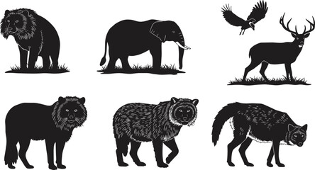 Naklejka premium Wild animal silhouettes, lion, elephant, deer, bear, wolf, eagle, wildlife illustration, nature, forest, safari, predator, mammal, bird