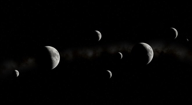 Stunning celestial display of multiple crescent and gibbous moons floating serenely in the starry expanse of deep space - Powered by Adobe