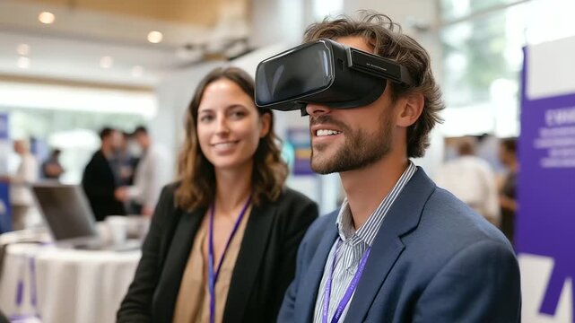 Specialists at an AI convention demonstrate VR goggles showing AI applications on generic demo screens a bustling summit with tech banners attendees engaged VR tech demo