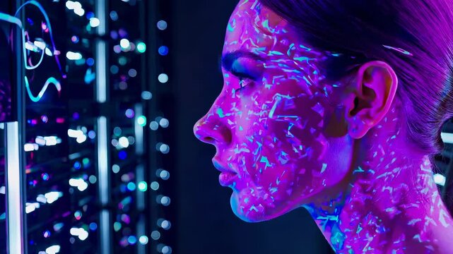 The developer stares into cyber screens. Light reflects code on her skin. Hacker mind, programmer focus. Code and computer power flow. Cyber data, cyber tech, cyber security. Technology is code - Powered by Adobe