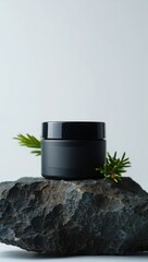 Matte black jar of skincare product on a textured rock with greenery