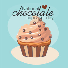 Chocolate cupcake with heart-shaped chocolate decoration, celebrating National Chocolate Cupcake Day. Perfect for food, dessert, and holiday-themed designs