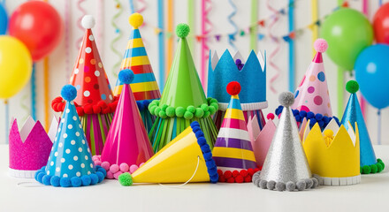 Colorful party hats arranged on table for festive celebration  