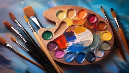 Obraz premium blurry art supplies featuring a paint palette and brushes