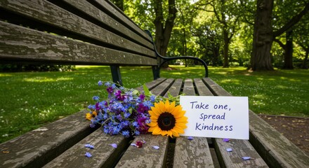 A bench of kindness flowers and a message for world kindness day