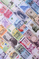 Paper money, banknotes of different countries as a business background. Paper money and cash