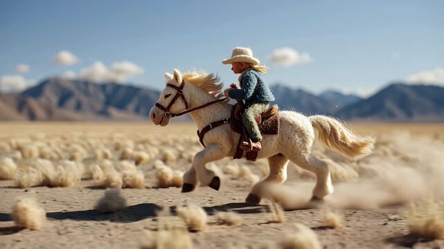 Person riding a white horse through a dry landscape on a sunny day