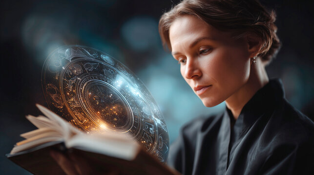 Woman reading an astrology book with an astrological wheel projection, selecting a zodiac sign. Mystical and esoteric concept.