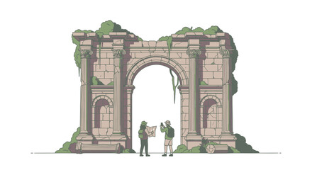 Obraz premium Ancient Stone Archway Ruins with Moss and Two Figures.