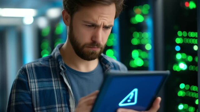A data center programmer sees a critical error on an tablet using generic node graph software a glitch popup warning on screen server racks flashing AI error detection node