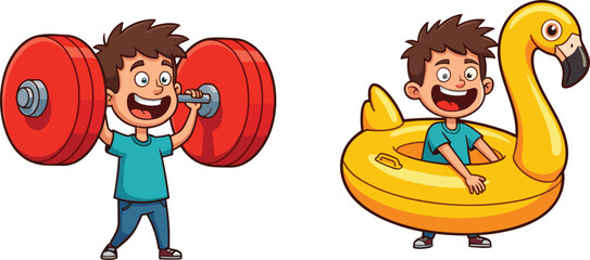 Cartoon boy lifting weights, pool float fun, playful contrast, cheerful character, fitness and leisure, red shoes, teal shirt, vibrant scene