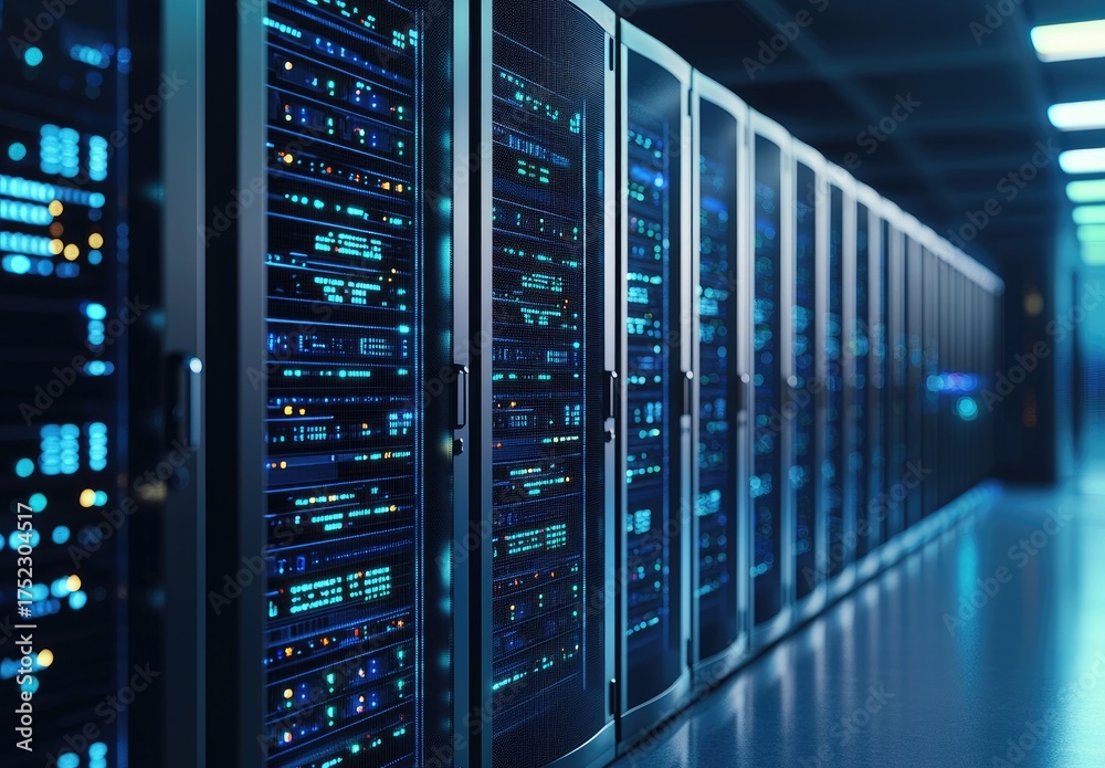 Wall mural high-tech it data center with blue led server racks in futuristic corridor, ideal for ai computing, 