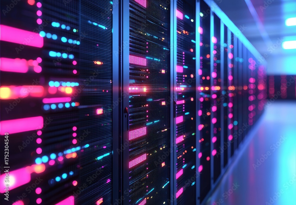 Wall mural futuristic it data center with glowing pink and blue lights reflecting across network servers, perfe