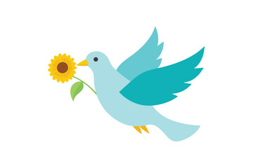 Dove carrying sunflower petals on a white background