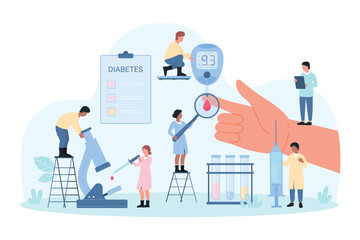 Care and medical control of diabetic disease vector illustration. Cartoon tiny people with magnifying glass and microscope monitor patients health, doctors test blood from finger for glucose levels