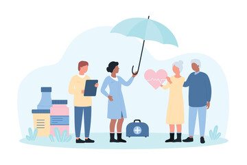 Life and health insurance for senior citizens vector illustration. Cartoon tiny people holding umbrella to care and protect couple of elderly people, safety and medical support for old patients