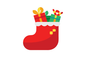 Christmas santa boots overflowing with colorful wrapped candies and gifts
