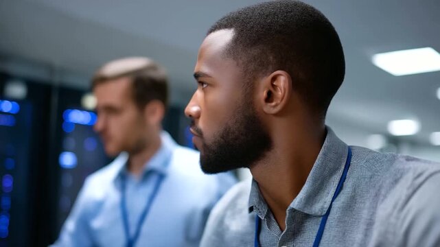 African American system admins in a data center monitor AI LLM visualizations on generic model dashboards screens showing machine learning processes server racks humming AI