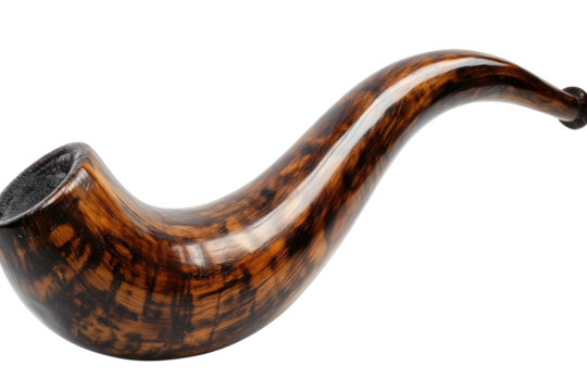 Varnished, curved smoking pipe with dark grain, isolated on black background