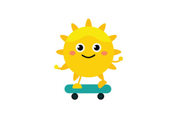 Happy sun character wearing sunglasses riding a skateboard