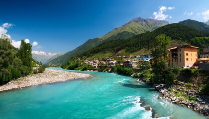 turquoise river flowing close to a mountain town