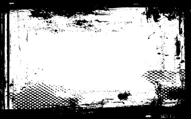 Black and white grunge textured frame vector background illustration. Detailed grunge border.