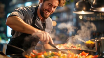 Joyful Chef Preparing Colorful Vegetable Dish in Modern Kitchen