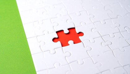 A jigsaw puzzle with a missing red piece in the center, surrounded by white puzzle pieces, set against a green backdrop