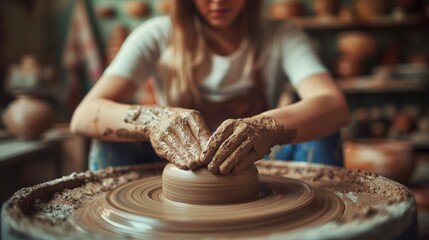 Crafting Clay Bowl on Pottery Wheel by Young Artist in Studio