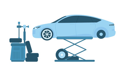 Car tires change in repair garage station vector illustration. Cartoon isolated vehicle on lift of auto mechanic service center for balance and rubber tyre tuning, diagnostics of wheels on workshop