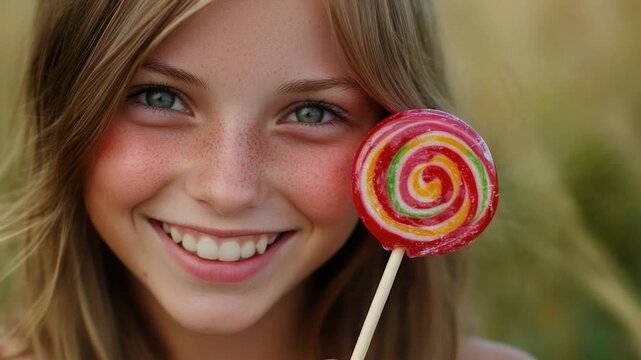 A young girl holds a colorful lollipop in her hand, smiling with joy