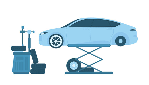 Car tires change in repair garage station vector illustration. Cartoon isolated vehicle on lift of auto mechanic service center for balance and rubber tyre tuning, diagnostics of wheels on workshop