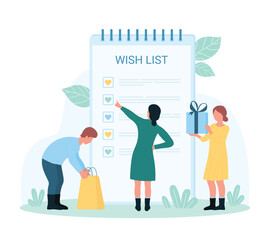 Wishlist for shopping vector illustration. Cartoon tiny people check summary list of gifts on paper notepad sheet, put hearts checkboxes on list form, add favorite purchases to planner checklist