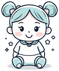 Cute cartoon baby girl with space buns smiles happily surrounded by stars and plus signs