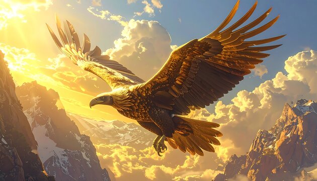 A majestic eagle soars, wings outstretched, against a brilliant, sun-drenched sky over craggy mountains. Warm, golden light bathes the scene