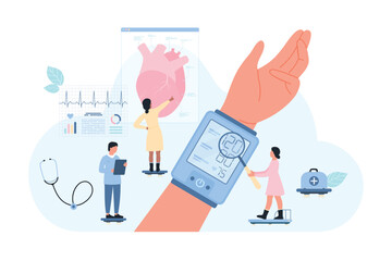 Heart health checkup, cardiology vector illustration. Cartoon tiny people measure blood pressure on hand of patient in hospital, examining data on digital monitor of electric device for treatment