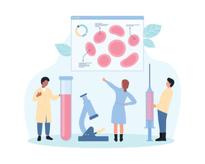 Blood research in laboratory vector illustration. Cartoon tiny people holding lab test tube with blood sample and syringe, doctors analyzing results for health diagnostics, hospital analysis service