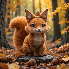 Cute fox in autumn forest with acorns